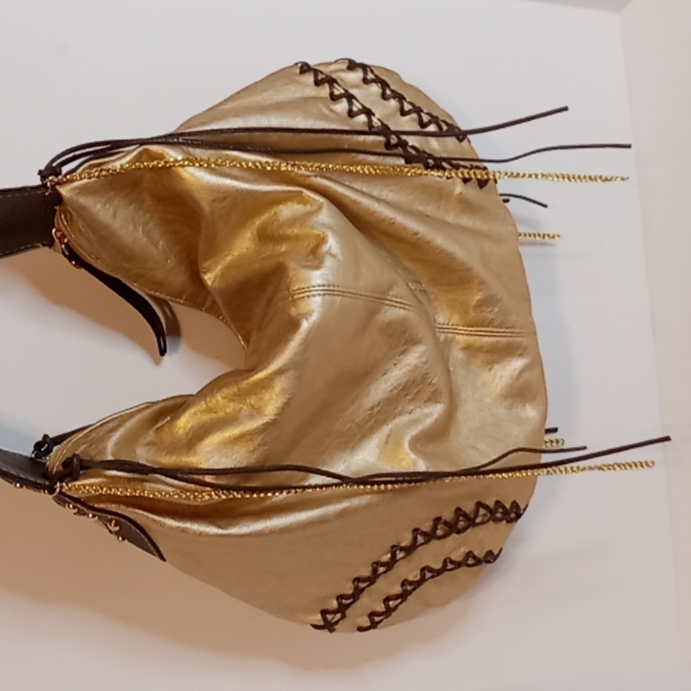 Y2K 𝅺daisey Fuentes Gold Shoulder Bag W/ Chains & Rhinestones Faux Leather